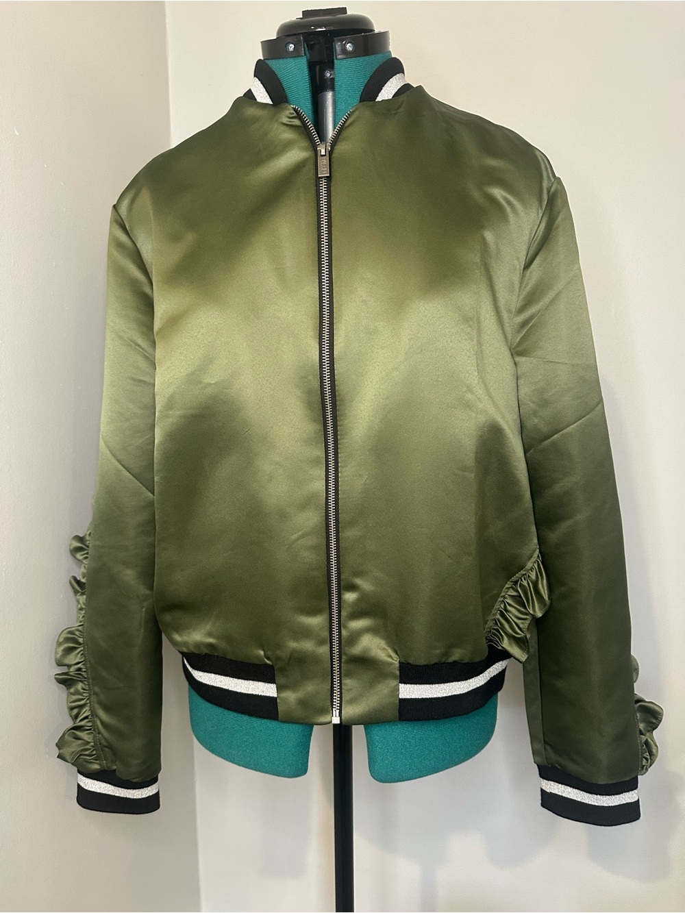 RACHEL Rachel Roy Olive Satin Bomber Jacket with Ruffle Sleeve Trim
